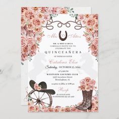 a wedding card with flowers and boots on it