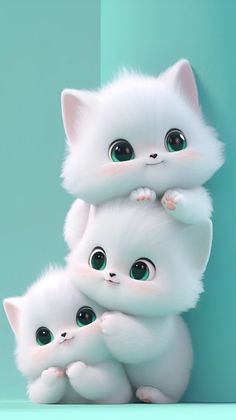 three white kittens with big green eyes are sitting on top of each other in front of a blue wall