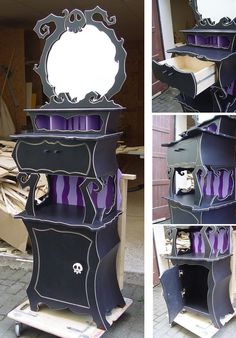 an old dresser has been painted black and purple