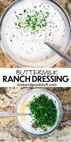 buttermilk ranch dressing in a glass bowl with spoons and parsley on the side