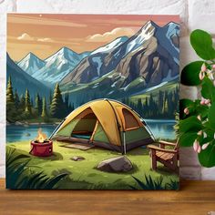 a camping scene with a tent and campfire