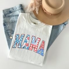 4th of July Mama Shirt for Fourth of July Comfort Colors® Mama Tshirt Retro USA T-Shirt American Mama Shirt Patriotic Mom Gift for Mom Tee Welcome to Ava Leigh Tees!! If you are looking for soft, well designed, and comfy t -shirts, you have come to the right place! We strive to provide beautiful shirts for all occasions as well as a great customer experience. If you have any questions about our shirts, please feel free to shoot us a message anytime. We try our best to message everyone back within 24 hours. Product Details Comfort Colors 1717 Unisex T-Shirt: .: 100% ring-spun cotton .: Medium fabric (6.1 oz/yd² (206.8 g/m .: Relaxed fit Sizing and Coloring Please make sure to check the photos in the listing prior to placing your order to make sure you are ordering the correct size and color Memorial Day Graphic Tee With Letter Print, Casual Tops With Sublimation Print For 4th Of July, Memorial Day Shirt With Letter Print And Crew Neck, Memorial Day Letter Print Crew Neck Shirt, Patriotic Relaxed Fit Top With Text Print, Relaxed Fit Letter Print Tops For 4th Of July, Patriotic Cotton Top With Letter Print, Patriotic Cotton Tops With Graphic Print, Memorial Day Cotton Tops With Text Print