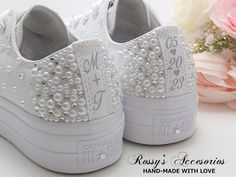 "Beautiful and Romantic wedding sneaker are a perfect accessories for your Special day..These Wedding Chuck Taylor All Star White Color Low Top Converse Sneakers , are embellished with Pearls and Clear Crystal  on the Toe  and Back , with a White Satin Ribbon shoe lace for tying. This Chuck Taylor All Star Monochrome Low Top runs a half-size large. Handmade to order, so please allow me enough time before your wedding date. Orders are processed and shipped within 7-8 WEEKS of payment., large orde Wedding Sneakers Converse, Bedazzled Wedding Converse, Pearl Sneakers Wedding, Bridal Running Shoes, Bedazzled Wedding Sneakers, Diy Wedding Sneakers, Ribbon Shoe Laces, Wedding Vans, First Communion Shoes