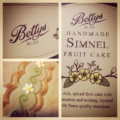 the label for betty's handmade simmel fruit cake is shown in three different pictures