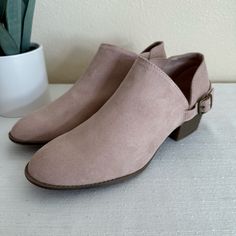 Gently Pre Owned Brand New With Tags Pink Suede Closed Toe Heels, Pink Suede Heels With Round Toe, Pink Leather Spring Booties, Pink Ankle Booties For Spring, Spring Suede Slip-on Booties, Pink Suede Low Heel Shoes, Ankle-high Suede Booties For Spring, Short Ankle Boots, Payless Shoes