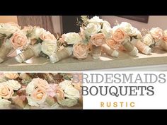 wedding bouquets are arranged on top of a table with ribbons and flowers in them