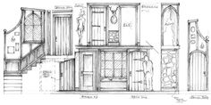 an architectural drawing shows the interior and exterior of a house, with stairs leading up to it