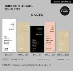 the juice bottle label template is shown in five different colors