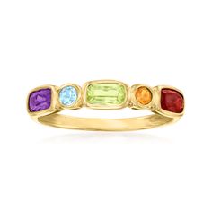 Ross-Simons - .86 ct. t. w. Multi-Gemstone Ring in 14kt Yellow Gold. Size 9. Seeing a rainbow can make anyone's day, so wear one with you all the time to spread cheer! This beautiful ring presents .86 ct. tot. gem wt. round or rectangular cushion-cut garnet, citrine, peridot, sky blue topaz and amethyst. Set in 14kt yellow gold. 1/8" wide. Multi-gemstone ring. Garnet birthstones are the perfect gift for January birthdays. Jewelry Presentation, Garnet Birthstone, Amethyst Set, Multi Gemstone Ring, Engagement Style, Big Rings, Peridot Ring, Sky Blue Topaz, Custom Ring