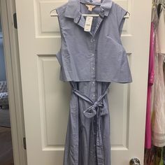 Nwt- Light Weight Blue Striped Button Up Dress That Comes To Knee Length With A Waist Tie And Collared Top. Blue Sleeveless Shirt Dress For Day Out, Sleeveless Cotton Shirt Dress With Buttons, Blue Sleeveless Cotton Shirt Dress, Ponte Knit Dress, Fleece Plaid, Nautical Dress, Grey Midi Dress, Collared Top, Maroon Dress