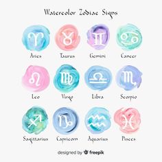 zodiac signs painted in watercolor on a white background