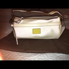 In Absolutely Perfect Condition Coach Bag. Never Used Comes With Dust Bag. Perfect Barrel Bag. Coach Cream Pouch Shoulder Bag, Vintage Coach Bag, Nylon Shoulder Bag, Coach Tote Bags, Convertible Crossbody Bag, Vintage Coach Bags, Yellow Satin, Black Leather Satchel, Bags Vintage