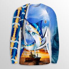 a long sleeved shirt with an image of a sailfish on it