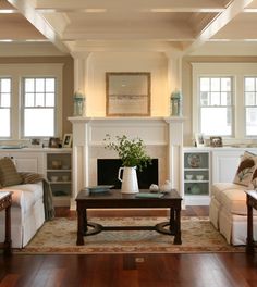 a living room filled with furniture and a fire place in the middle of a room