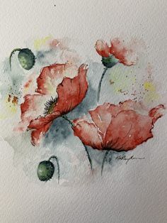 watercolor painting of red poppies on white paper with green leaves and buds in the center