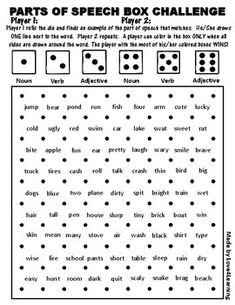 the parts of speech box challenge worksheet is shown in black and white with dots