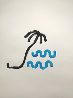 a drawing of a palm tree with blue water and black lines in the bottom right corner