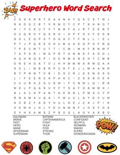 the superhero word search is shown in this image