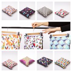 several different types of pillows hanging on clothes pins