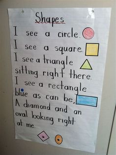 a piece of paper taped to a door with writing on it that says shapes i see a circle, i see a square, i see a triangle,