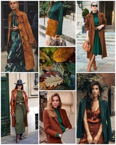 Autom Outfits For Women, True Autumn Wardrobe Palette, Warm Autumn Outfits Color Palettes, Earth Tone Outfits Midsize, Fall Winter Palette, Dark Autumn Style Outfit, Dark Autumn Dress, Orange Capsule Wardrobe, Green Autumn Outfit