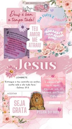 the poster for jesus's birthday is shown in pink and white flowers, with an image of a lion on it