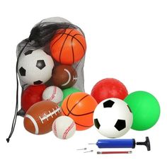 various sports balls are in a mesh bag with a marker and pen next to it