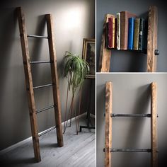 there are three pictures of a ladder with books on it and a potted plant in the corner