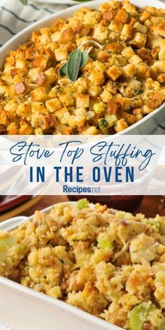 two photos of stuffing on a pan and bowl Baked Stove Top Stuffing Recipes, Baked Stove Top Stuffing, Stove Top Stuffing Recipes Chicken, Stuffing In The Oven, Recipes Stove Top, Stove Top Stuffing Recipes, Easy Oven Recipes, Stove Top Stuffing, Dressing Recipes Thanksgiving