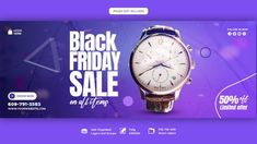 a black friday sale banner with a watch on the front and purple background for an ad