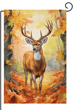 a painting of a deer standing in the middle of a forest with fall leaves on it