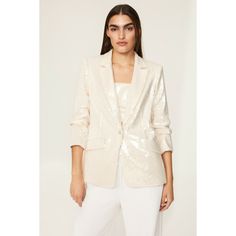 White sequins (100% Polyester). Lining (95% Polyester, 5% Spandex). Blazer. Long sleeves. Collar. Front button closure. 27" from shoulder to hemline. Imported. Luxury White Festive Blazer, Luxury Fitted Off-white Blazer, Fitted Single-breasted Silk Blazer, White Embellished Long-sleeved Blazer, Tailored White Single-breasted Blazer, Sequin Blazer, Tuxedo Pants, Rent The Runway, Closet Designs