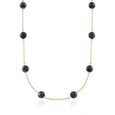 Ross-Simons - 8mm Onyx Bead Station Necklace in 14kt Yellow Gold. 20". The high-impact drama of onyx transforms your ensemble in this clean and streamlined necklace for the ages. Here, 8mm black onyx beads station their way across a delicate 14kt yellow gold rope chain. Ultra-versatile and easy-to-wear, this station necklace is a style essential. Springring clasp, onyx station necklace. Black Onyx Hoop Earrings, Green Onyx Necklace, Pearl Lariat Necklace, Jewelry Presentation, Onyx Colour, Black Onyx Necklace, Gold Rope Chains, Onyx Necklace, Yellow Gold Jewelry