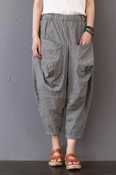 Loose Striped Cotton Linen Pants Women Casual Trousers K4030 Baggy Striped Bottoms For Spring, Casual Beige Cotton Capris, Baggy Striped Pants With Pockets, Striped Bottoms With Side Pockets For Spring, Spring Striped Bottoms With Pockets, Striped Spring Bottoms With Pockets, Striped Linen Bottoms For Spring, Beige Harem Pants With Side Pockets For Summer, Summer Beige Harem Pants With Side Pockets