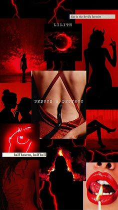 a collage of photos with red and black lighting in the background, including an image of a woman's torso