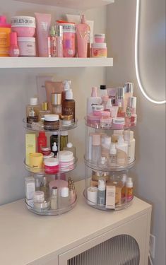 the shelves are filled with cosmetics and personal care products