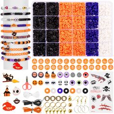 halloween bracelets and accessories are arranged in rows