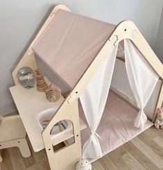 Montessori Playhouse Children Tent with Table and Chair for Kids Garden House - Wooden Indoor Playhouse and Play Tent - Montessori Playtent Kids Play House, Kids House Garden, Kids Play Furniture, Pink Tent, Indoor Playhouse, Diy Tent, Montessori Playroom, Modern Dollhouse Furniture, Hanging Tent