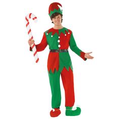 a man in an elf costume holding a candy cane