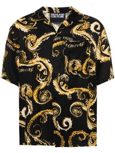 black/gold-tone Chain Couture print classic collar short sleeves chest patch pocket straight hem front button fastening Black And Gold Shirt, Black Casual Shirt, Versace Shirts, Versace Chain, Gold Shirt, Shirt Cuff, Versace Jeans Couture, Versace Jeans, Viscose Fabric