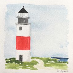 a watercolor painting of a light house on the coast with blue sky in the background