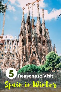 the top five things to see in barcelona, spain with text overlay that reads 5 reasons to visit spain in winter