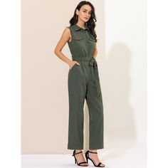 Looking cool is an easy job when you're wearing this sleeveless jumpsuit. Check off the summer trend with this khaki jumpsuit, which is cut from comfy woven cotton and fitted with slant pocket. This button up jumpsuit brings modern charm with its defining waist tie. Working nine to five just got a little more fun with this elastic back jumpsuit. Sleeveless Khaki Jumpsuits And Rompers For Summer, Summer Khaki Jumpsuits And Rompers For Workwear, Casual Sleeveless Jumpsuits And Rompers For Work, Sleeveless Green Jumpsuits And Rompers For Work, Sleeveless Overalls For Spring Workwear, Spring Sleeveless Overalls For Workwear, Sleeveless Khaki Jumpsuits For Work, Sleeveless Khaki Jumpsuits And Rompers For Spring, Khaki Sleeveless Jumpsuits And Rompers For Workwear