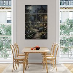 a dining room table with four chairs and a painting on the wall in front of it