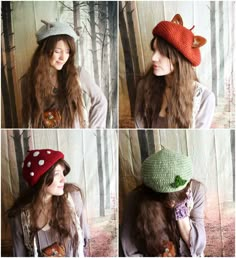 four different pictures of a woman with long hair wearing a knitted hat