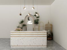 a white counter topped with lots of plants and hanging lights above it's head