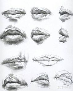 a bunch of different lips drawn in pencil