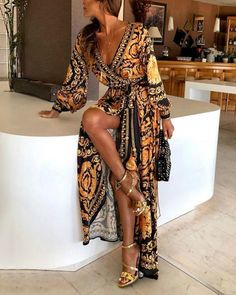 Hot-sale early spring long sleeve v neck print maxi dress p119256 Abstract Patchwork, Long Sleeve Boho Dress, Womens Wrap Dress, Dress Sleeve Styles, Maxi Robes, Loose Outfit, Linnet, Long Sleeve Maxi, Boho Casual