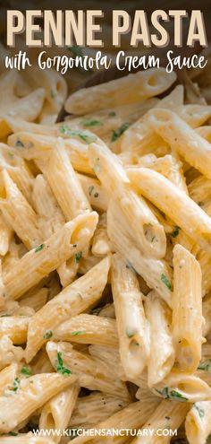 penne pasta with gorgonzoni cream sauce in a white bowl