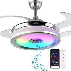 a ceiling fan with colorful lights and remote control